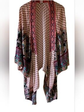 Women’s Printed Open-Front Kimono Blazer - Cream & Pink